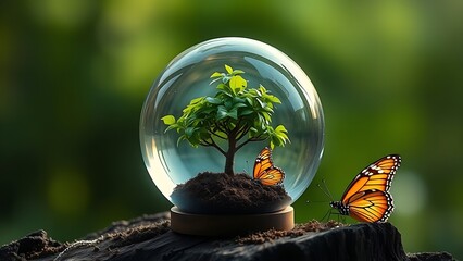 Glass globe containing a miniature tree with a butterfly, representing nature's fragility.