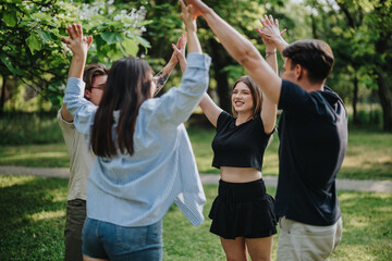 Obraz premium A cheerful group of four young adults laughing and playing together outdoors in a park, showcasing camaraderie and energy on a beautiful sunny day amidst lush greenery.