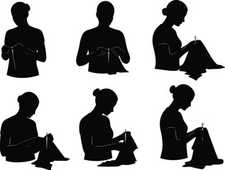 PrintWoman sewing fabric with needle and thread, silhouette of tailor crafting textile art, handmade clothing, creative fashion design, needlework illustration