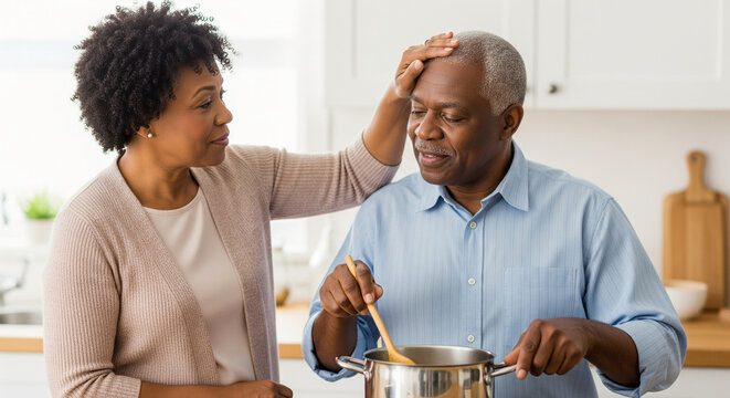 Loving senior African American wife comforting her husband feeling unwell while he cooks a meal in their modern home kitchen