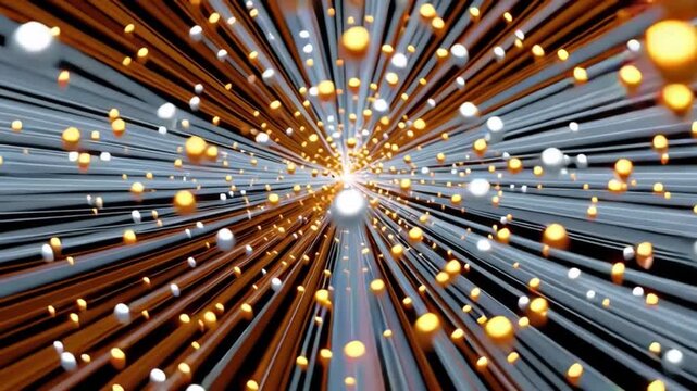 Abstract Geometric Burst: A mesmerizing visual tapestry of radiant spheres and linear patterns converging towards a central focal point, suggesting dynamic energy and technological innovation.