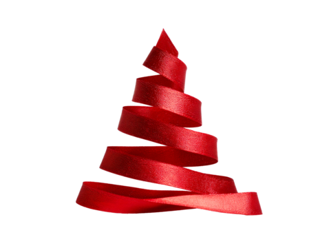 Red Ribbon Formed Into A Stylized Christmas Tree , isolated on transparent cutout background