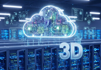 Futuristic 3D cloud computing concept with glowing data servers and digital interfaces.