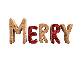 Three-dimensional cork letters spelling "Merry" with red glitter accents , isolated on transparent cutout background