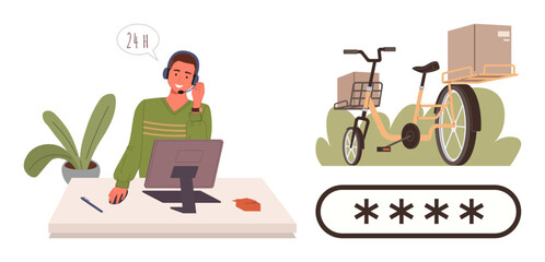 Male customer service agent at desk with headset assisting delivery. Tricycle with parcels and password icon. Ideal for customer support, logistics, e-commerce, technology, security, communication
