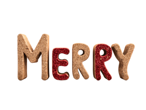 Three-dimensional cork letters spelling "Merry" with red glitter accents , isolated on transparent cutout background

