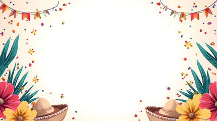 Obraz premium Festive Mexican Celebration Border with Colorful Flowers Hats and Confetti