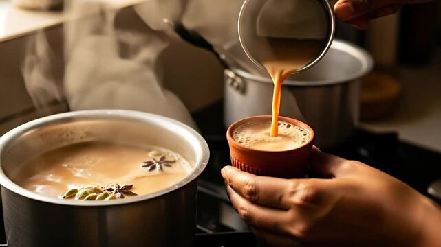 Pouring Hot Spiced Tea into Clay Cup Steaming Pot Preparation Still