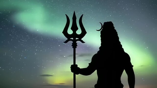 Silhouette Shiva with trident under aurora borealis.