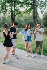 Obraz premium A group of young friends gathered outdoors, focusing on their smartphones, amid lush greenery.
