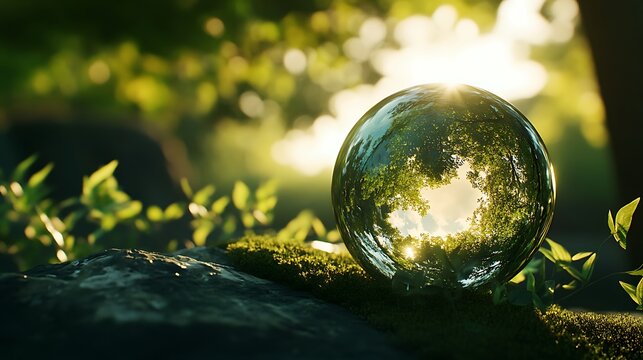 Magical glowing orb reflecting a sunlit forest scene