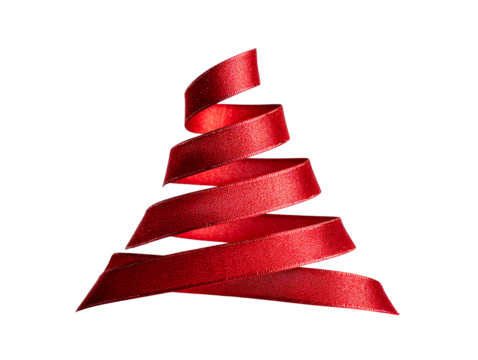 Red Ribbon Shaped Like Christmas Tree , isolated on transparent cutout background

