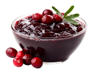 Glass bowl of cranberry sauce with fresh berries and herb garnish , isolated on transparent cutout background

