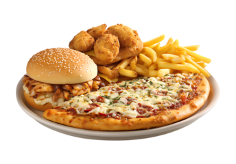 Epic Fast Food Combo: Pizzas, Burger, Fries, and Fried Chicken isolated on a transparent background