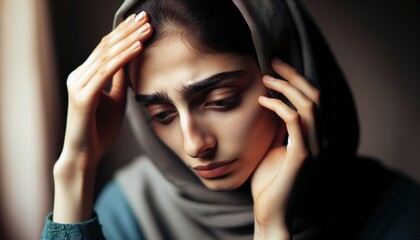 Young Muslim Woman Experiencing Mild Anxiety, Holding Head, White Background - Mental Wellness Concept