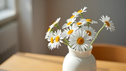 Simple white vase holding fresh daisies, illuminated by soft natural light.