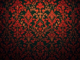 Ornate Red and Black Damask Floral Pattern with Vignette