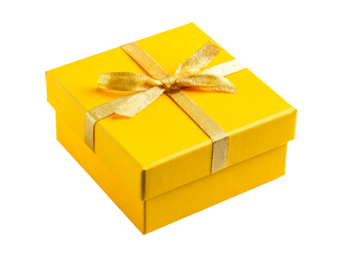 Closed Yellow Gift Box with Golden Ribbon , isolated on transparent cutout background