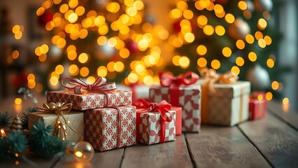 Festive holiday setup featuring sparkling lights and wrapped gifts on a wooden table, radiating warmth.