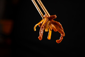 Hoisin chicken pancakes on a wooden background. Chinese cuisine. Asian food. Food concept