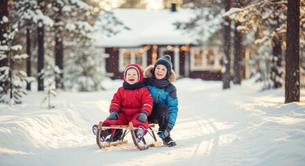 Two laughing children in winter gear are sitting on a sled on a snowy path, with a cozy, decorated house and pine trees in the background. A joyful, festive scene.