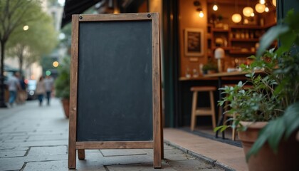 Blank black chalkboard sign stands on sidewalk outside cafe. Wooden framed sandwich board offers space for text. Empty menu board ready for advertising food drinks specials.