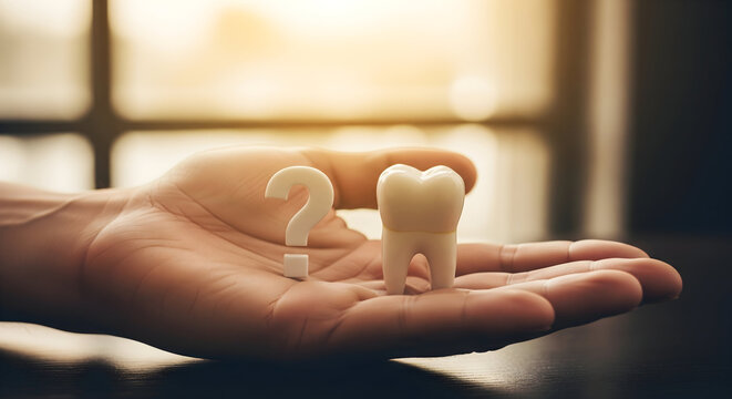 Curious about dental care? Healthy tooth and question mark held gently in a caring hand symbolizing oral health choices