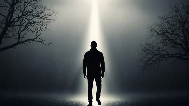 Mysterious Light Beam Illuminates Solitary Figure in Dark Forest.