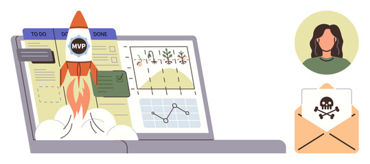 Rocket taking off from a laptop screen with project dashboard, growth graphs, and task management lists. Woman s profile and malware alert email. Ideal for productivity, innovation, teamwork
