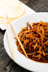 Hoisin chicken pancakes on a wooden background. Chinese cuisine. Asian food. Food concept