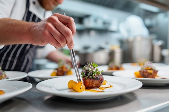 Chef carefully plating gourmet meat dish with precision in modern professional kitchen, close-up of hand with tweezers, concept of culinary excellence and fine dining artistry