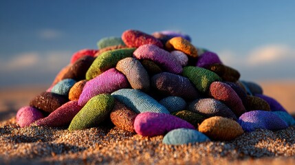 Colorful rocks pile on sand