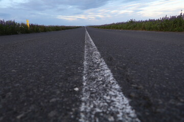 Low-angle view of an Icelandic road with white center line and asphalt texture