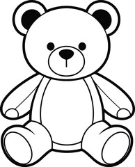 Teddy bear line drawing illustration in black and white, sitting pose with outlined belly, cartoon-style coloring page concept