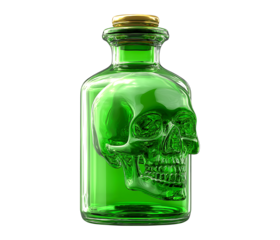 Toxic Green Skull Contained in a Vintage Glass Bottle isolated on a transparent background