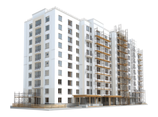 Modern Residential Building Under Construction with Scaffolding isolated on a transparent background