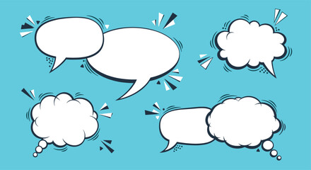 Fototapeta premium Collection of empty white comic book speech and thought bubbles on a bright blue background.