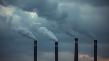 Industrial smokestacks releasing vapor into a cloudy sky, conveying an environmental message with muted tones.