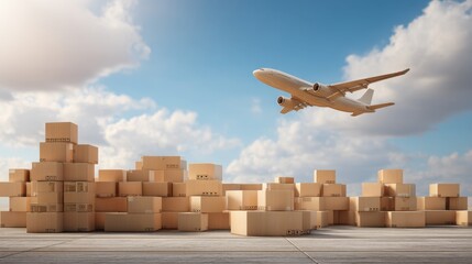 Cargo airplane flying above a pile of cardboard box. Global logistics and fast delivery service concept for e-commerce. International shipping.