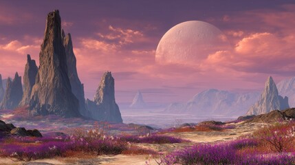 Alien planet landscape with rocky mountains and a large moon in a pink sky. Fantasy distant world scene for science fiction stories.