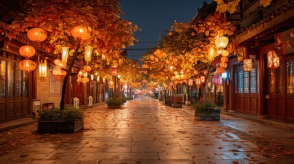 Festive street decorated with glowing red and orange lanterns and autumn leaves at night. Cultural celebration. Vibrant Asian scene.