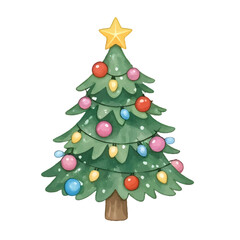 Cute Watercolor Christmas Tree with Ornaments and Star