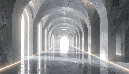 A long, arched corridor with a glossy floor and glowing light accents. The end is filled with bright light and a symmetrical pattern