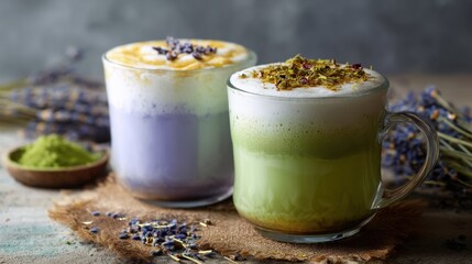 Two vibrant latte drinks, a green matcha latte and purple lavender latte, for healthy beverage concept.