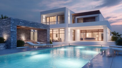 Fototapeta premium Modern luxury villa exterior at twilight. Contemporary architecture with swimming pool and lounge chairs. Elegant residential design.