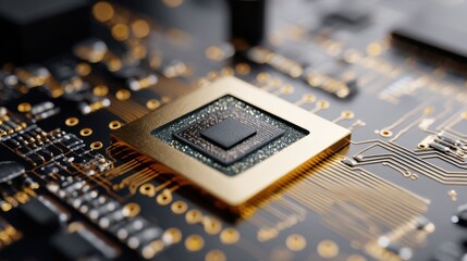 Close up of a golden processor on a microchip circuit board background. Quantum computing and advanced technology concept.