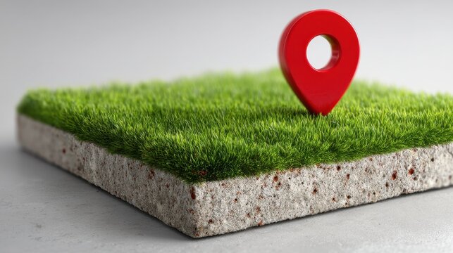 Red location pin marker on a square piece of green grass. Real estate property finding and land navigation concept. Map pointer for address.