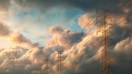 Row of tall electricity transmission towers on a dramatic cloudy sky. High voltage power lines delivering electric energy across vast distances.