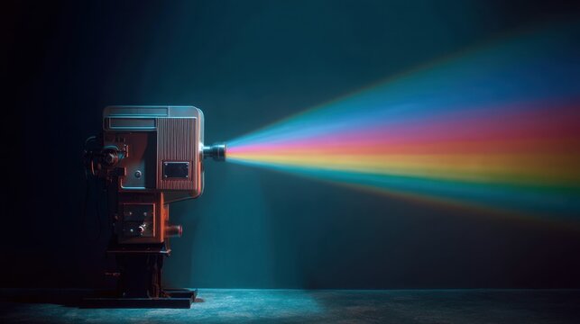 Old film projector casting colorful rainbow light beam against dark blue background. Cinema entertainment and vintage movie concept.
