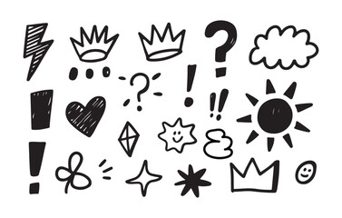 Trendy hand-drawn doodles set including crowns, sun, heart etc.